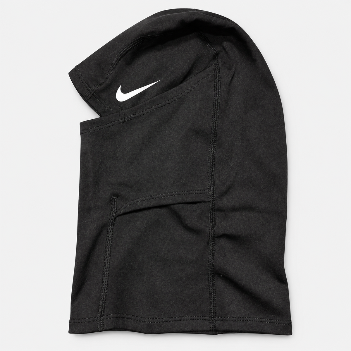 A black Nike balaclava face covering with a white Swoosh logo on the upper left, displayed flat against a light gray background.
